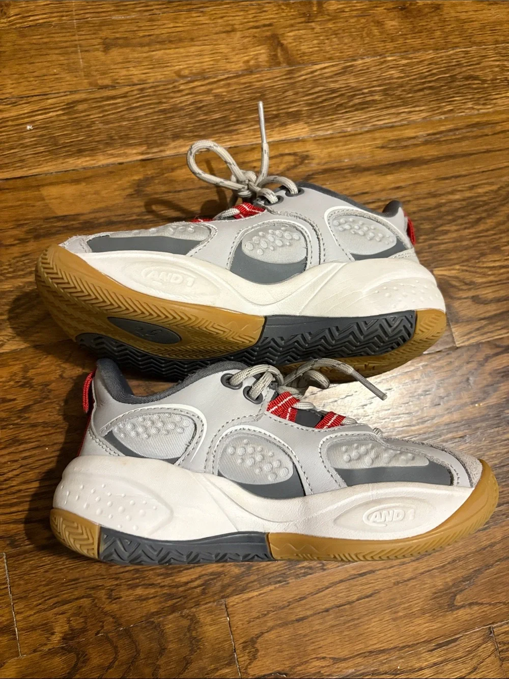 SIZE 1: And1 Gray and Red Low-Top Athletic Sneakers